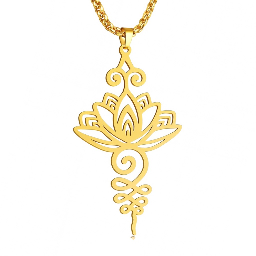 Gold Lotus Pendant Necklace Stainless Steel 24” Cable Chain